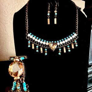 OOAK "Reinvented Vtg" SW Turquoise type, vtg bronze Bib Necklace, Brac & Ear Set